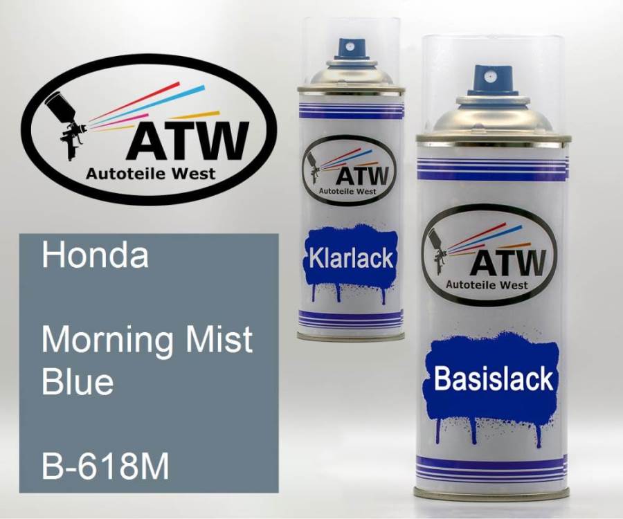 Honda, Morning Mist Blue, B-618M: 400ml Sprühdose + 400ml Klarlack - Set, von ATW Autoteile West.